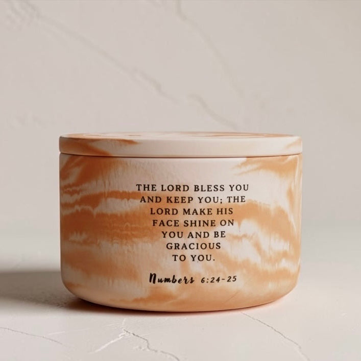 Christian Soy Wax Candle in Handcrafted Marbled Concrete Vessel with Numbers 6:24–25 Bible Verse – Faith-Inspired Home Decor and Encouragement Gift
