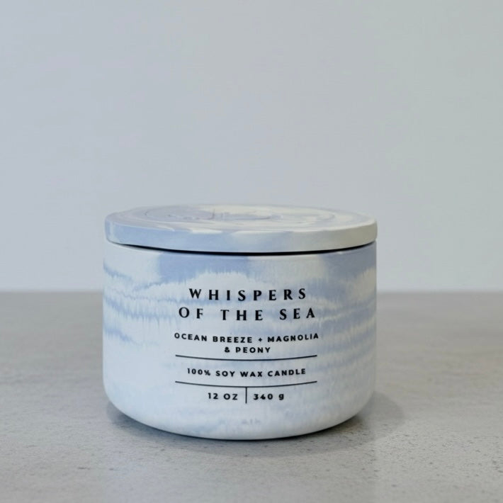 Whispers of the Sea Christian Soy Candle with Ocean Breeze, Magnolia, and Peony in a Handcrafted Blue Marble Concrete Vessel with Lid.