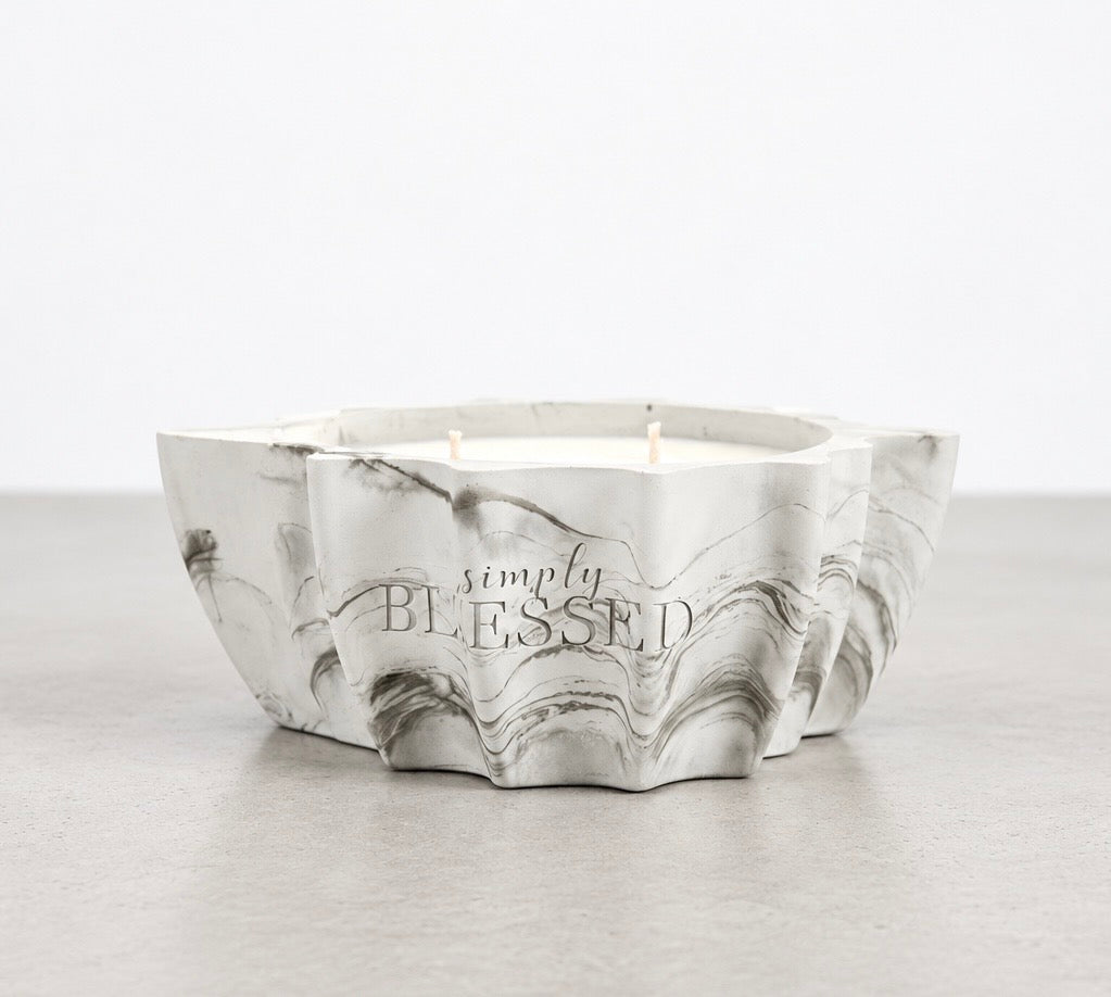 Open Simply Blessed leaf candle with three unlit wicks in a white and green marbled concrete vessel.