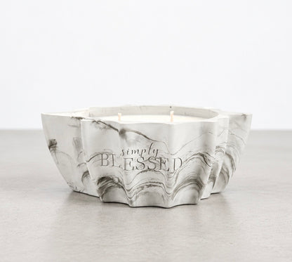 Open Simply Blessed leaf candle with three unlit wicks in a white and green marbled concrete vessel.