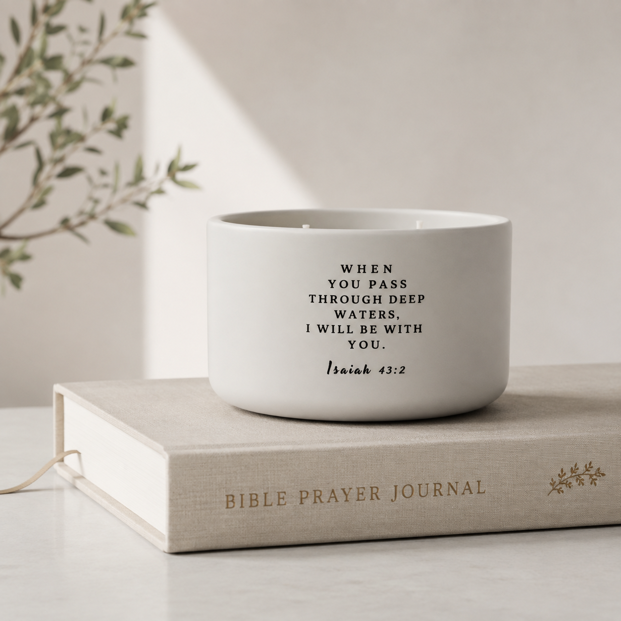 A white concrete candle bowl printed with the Bible verse 'When you pass through deep waters, I will be with you. Isaiah 43:2' resting on top of a beige 'Bible Prayer Journal' book, set against a warm neutral background with soft shadows.