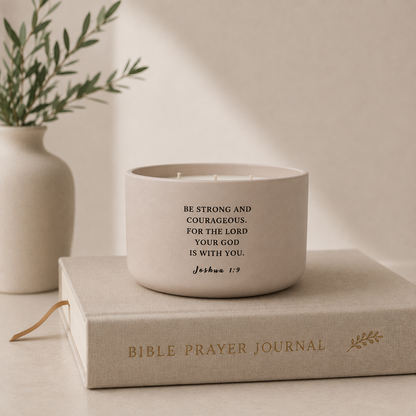 A beige ceramic candle jar with black printed scripture text sits on top of a beige Bible Prayer Journal book, with a small white vase and green stems in the background.