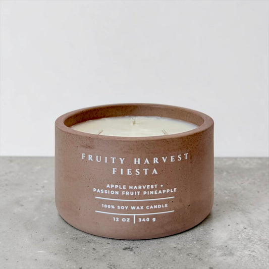 Fruity Harvest Fiesta soy candle in terracotta concrete vessel with apple and pineapple scent on gray surface