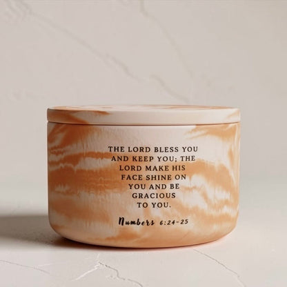 Christian Soy Wax Candle in Handcrafted Marbled Concrete Vessel with Numbers 6:24–25 Bible Verse – Faith-Inspired Home Decor and Encouragement Gift