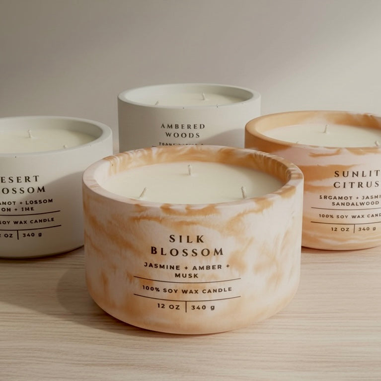 Luxury Soy Wax Candle Collection in Handcrafted Concrete Vessels – Silk Blossom, Ambered Woods, Desert Blossom and Sunlit Citrus Scented Candles