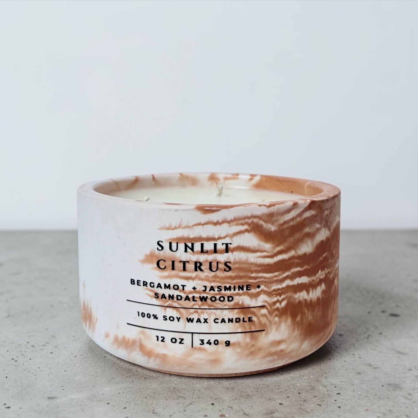 Sunlit Citrus Soy Wax Candle in Handcrafted Marbled Concrete Vessel – Bergamot, Jasmine & Sandalwood Scented Christian Home Decor