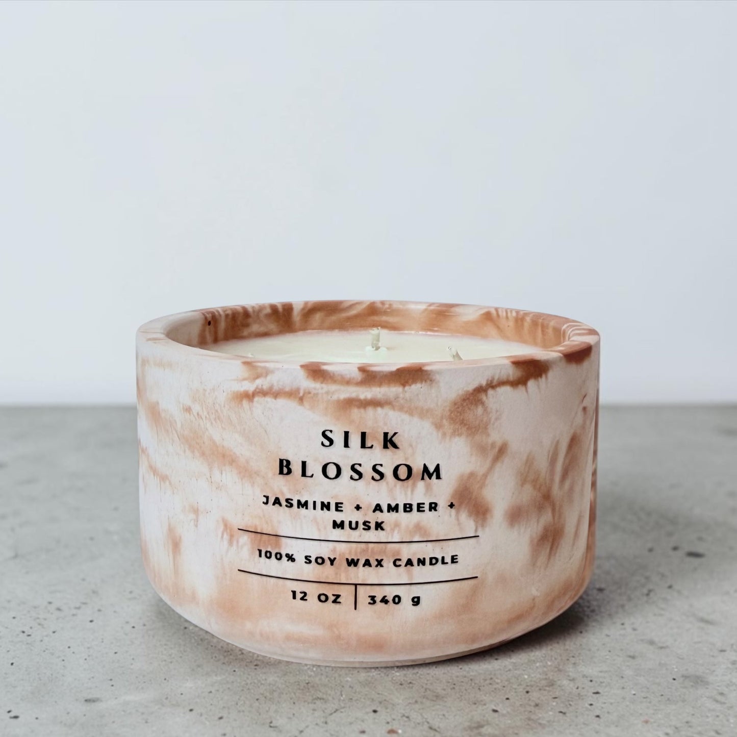 Silk Blossom Soy Wax Candle in Marbled Concrete Vessel with Jasmine, Amber & Musk Fragrance – Handmade Luxury Candle and Elegant Home Decor
