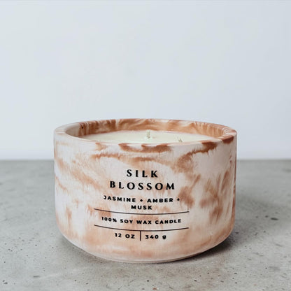 Silk Blossom Soy Wax Candle in Marbled Concrete Vessel with Jasmine, Amber & Musk Fragrance – Handmade Luxury Candle and Elegant Home Decor