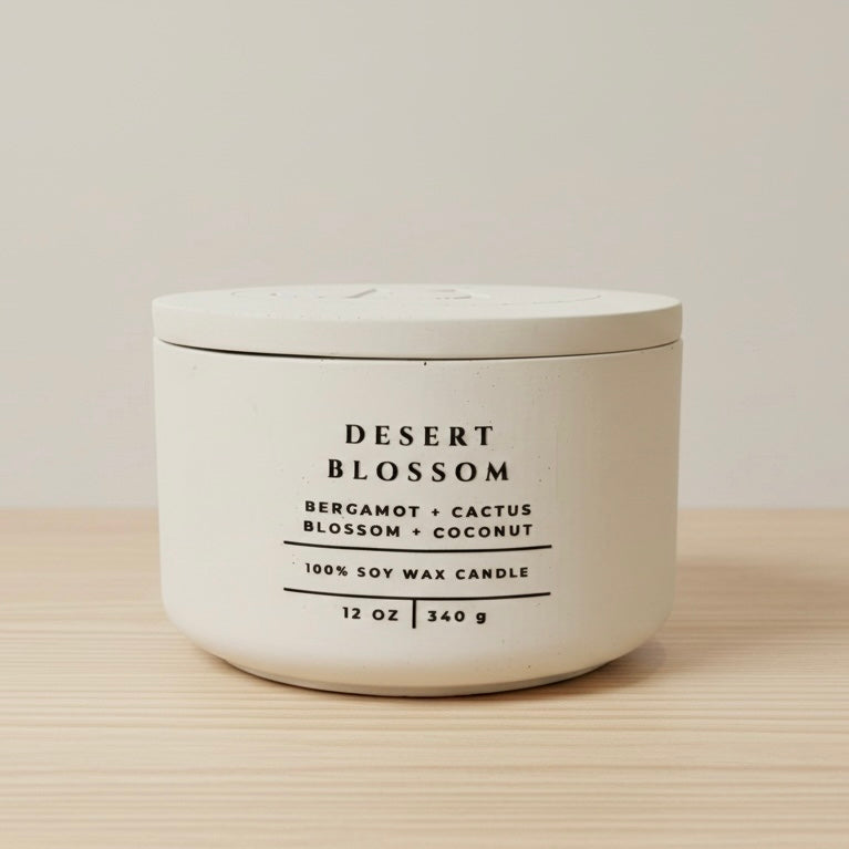 Desert Blossom scented soy wax candle with bergamot, cactus blossom and coconut scent. Handmade concrete candle with lid, luxury home fragrance, Christian gift for women and faith-inspired home decor.