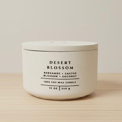 Desert Blossom scented soy wax candle with bergamot, cactus blossom and coconut scent. Handmade concrete candle with lid, luxury home fragrance, Christian gift for women and faith-inspired home decor.