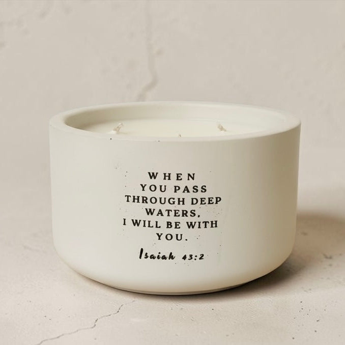 Isaiah 43:2 Christian candle in handcrafted white concrete vessel. Soy wax faith candle with Bible verse, inspirational Christian gift, religious home decor and encouragement gift for women.