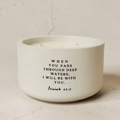 Isaiah 43:2 Christian candle in handcrafted white concrete vessel. Soy wax faith candle with Bible verse, inspirational Christian gift, religious home decor and encouragement gift for women.
