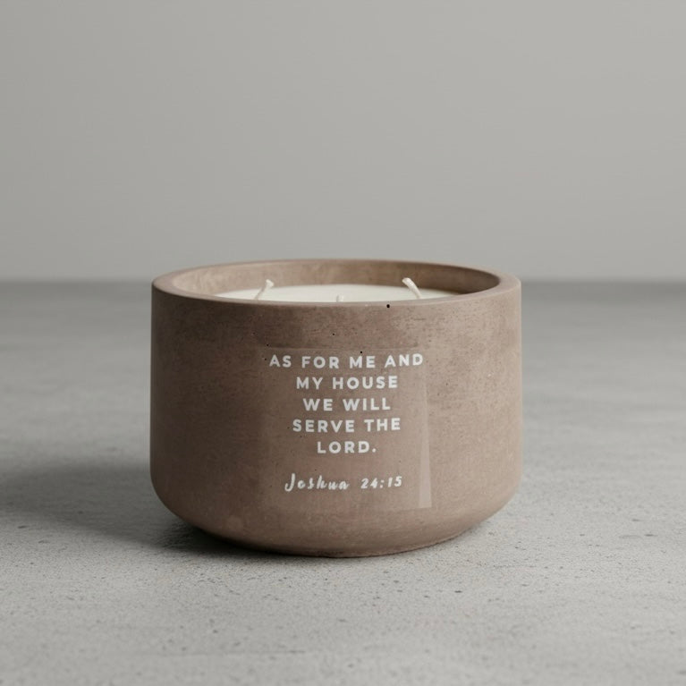 Cozy Cabin Christian soy wax candle featuring Joshua 24:15 Bible verse, “As for me and my house, we will serve the Lord,” handcrafted in a concrete vessel. Faith-inspired gift by Boswellia Candle Co.