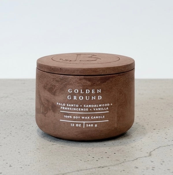 Golden Ground Christian Soy Candle with Palo Santo, Sandalwood, Frankincense, and Vanilla in a Handcrafted Concrete Vessel with Lid.