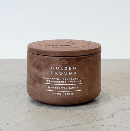 Golden Ground Christian Soy Candle with Palo Santo, Sandalwood, Frankincense, and Vanilla in a Handcrafted Concrete Vessel with Lid.