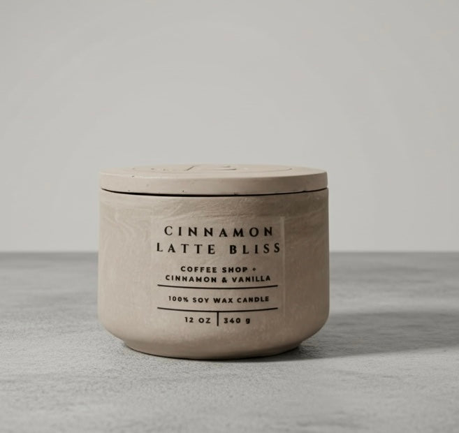 Cinnamon Latte Bliss Christian soy wax candle with coffee, cinnamon and vanilla fragrance, handcrafted concrete vessel with lid. Faith-inspired home decor and Christian gift by Boswellia Candle Co.