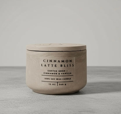 Cinnamon Latte Bliss Christian soy wax candle with coffee, cinnamon and vanilla fragrance, handcrafted concrete vessel with lid. Faith-inspired home decor and Christian gift by Boswellia Candle Co.