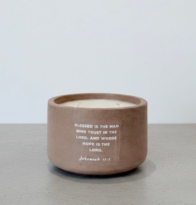 Fruity Harvest Fiesta Christian soy wax candle featuring Jeremiah 17:7 Bible verse, “Blessed is the man who trusts in the Lord,” handcrafted in a concrete vessel. Faith-inspired gift by Boswellia Candle Co.