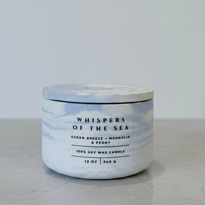 Whispers of the Sea Christian Soy Candle with Ocean Breeze, Magnolia, and Peony in a Handcrafted Blue Marble Concrete Vessel with Lid.