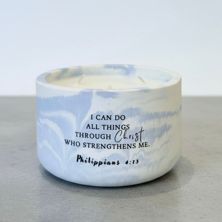 Whispers of the Sea Christian Soy Candle featuring Philippians 4:13 scripture in a handcrafted blue marble concrete vessel with Ocean Breeze, Magnolia, and Peony.