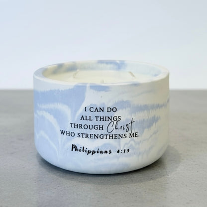 Whispers of the Sea Christian Soy Candle featuring Philippians 4:13 scripture in a handcrafted blue marble concrete vessel with Ocean Breeze, Magnolia, and Peony.