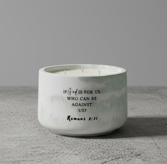 The Hidden Garden Christian Soy Candle featuring Romans 8:31 scripture in a handcrafted concrete vessel with Gardenia, Beach Linen, Sugar Pine, and Patchouli.