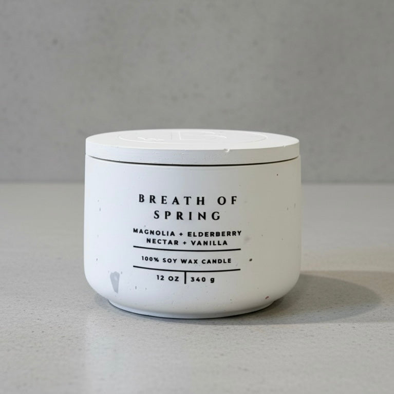 Breath of Spring Christian Soy Candle with Magnolia, Elderberry Nectar, and Vanilla in a Handcrafted Concrete Vessel with Lid.