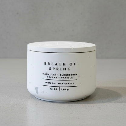 Breath of Spring Christian Soy Candle with Magnolia, Elderberry Nectar, and Vanilla in a Handcrafted Concrete Vessel with Lid.