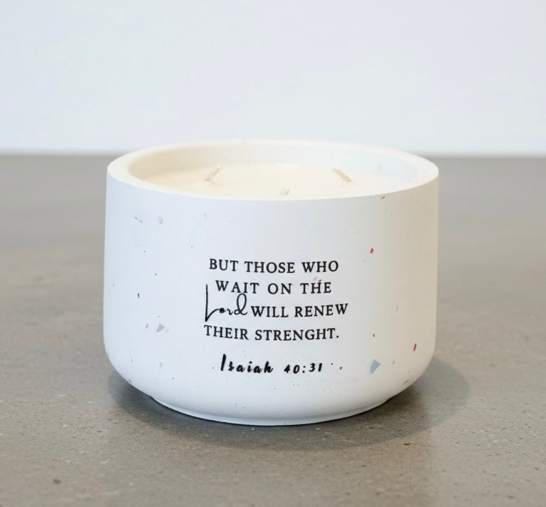Breath of Spring Christian Soy Candle featuring Isaiah 40:31 scripture in a handcrafted concrete vessel with Magnolia, Elderberry Nectar, and Vanilla.