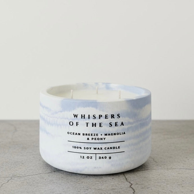 Whispers of the Sea Christian Soy Candle with Ocean Breeze, Magnolia, and Peony in a Handcrafted Concrete Vessel.