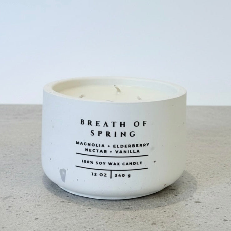 Breath of Spring Christian Soy Candle with Magnolia, Elderberry Nectar, and Vanilla in a Handcrafted Concrete Vessel.