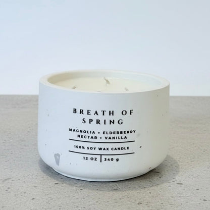 Breath of Spring Christian Soy Candle with Magnolia, Elderberry Nectar, and Vanilla in a Handcrafted Concrete Vessel.