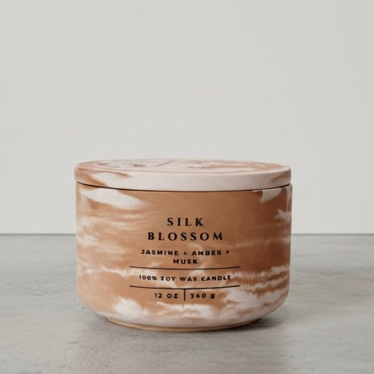 Silk Blossom Soy Wax Candle in Handcrafted Marbled Concrete Vessel with Lid – Jasmine, Amber & Musk Fragrance, Luxury Candle Gift and Modern Home Decor