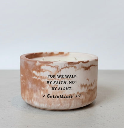 Christian Soy Wax Candle in Marbled Concrete Vessel with 2 Corinthians 5:7 Bible Verse – Faith-Inspired Home Decor and Encouragement Gift