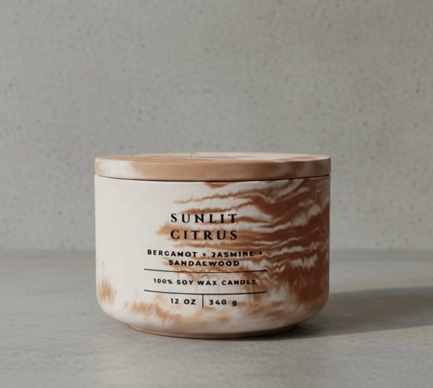 Sunlit Citrus Soy Wax Candle in Marbled Concrete Vessel with Lid – Bergamot, Jasmine & Sandalwood Fragrance, Handmade Luxury Candle and Modern Home Decor