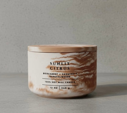Sunlit Citrus Soy Wax Candle in Marbled Concrete Vessel with Lid – Bergamot, Jasmine & Sandalwood Fragrance, Handmade Luxury Candle and Modern Home Decor