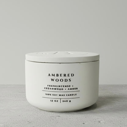 Ambered Woods scented soy wax candle with frankincense, cedarwood and amber notes. Handmade concrete candle with lid, luxury home fragrance, Christian gift for men and women, faith-inspired home decor.