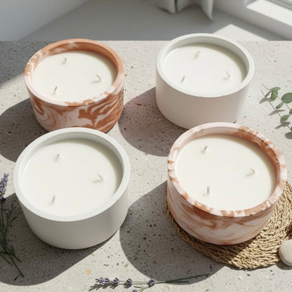 Handmade soy wax candles in white and marbled concrete vessels. Luxury home fragrance candles, Christian gifts, faith-inspired home decor and artisan candle collection by Boswellia Candle Co.