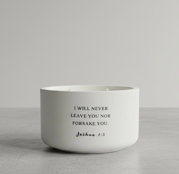 Joshua 1:5 Bible verse candle in handcrafted white concrete vessel. Christian soy wax candle, inspirational faith gift, religious home decor, encouragement gift for women and Scripture candle by Boswellia Candle Co.