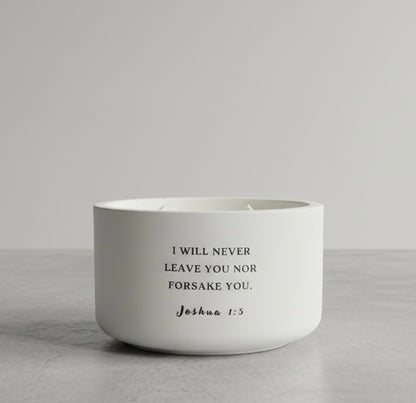 Joshua 1:5 Bible verse candle in handcrafted white concrete vessel. Christian soy wax candle, inspirational faith gift, religious home decor, encouragement gift for women and Scripture candle by Boswellia Candle Co.