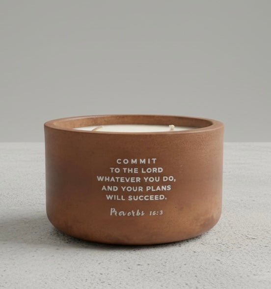 Coconut Sunset Colada Scripture Candle featuring Proverbs 16:3, handcrafted soy wax candle in a concrete vessel with tropical piña colada and toasted coconut fragrance.
