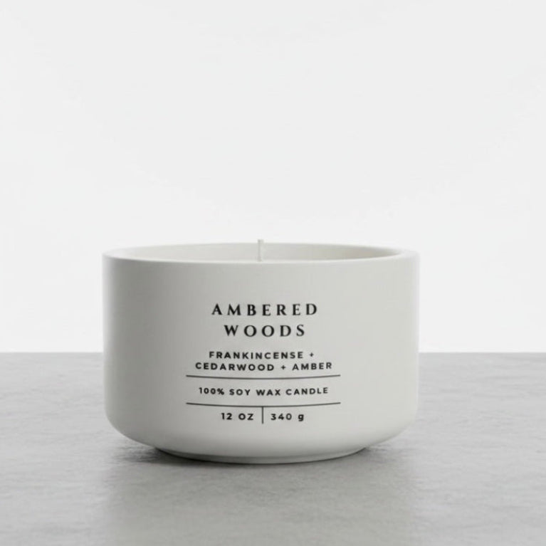 Ambered Woods scented soy wax candle with frankincense, cedarwood and amber notes. Handmade concrete candle, luxury home fragrance, Christian gift for women and faith-inspired home decor.