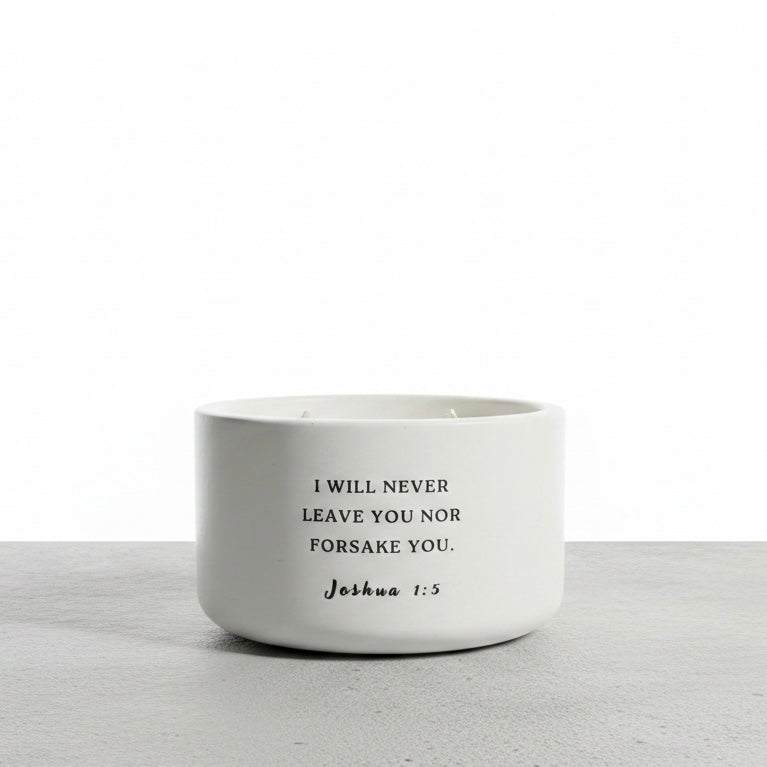 Joshua 1:5 Bible verse candle in handcrafted white concrete vessel. Christian soy wax candle, inspirational faith gift, religious home decor, encouragement gift for women and Scripture candle by Boswellia Candle Co.
