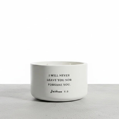 Joshua 1:5 Bible verse candle in handcrafted white concrete vessel. Christian soy wax candle, inspirational faith gift, religious home decor, encouragement gift for women and Scripture candle by Boswellia Candle Co.