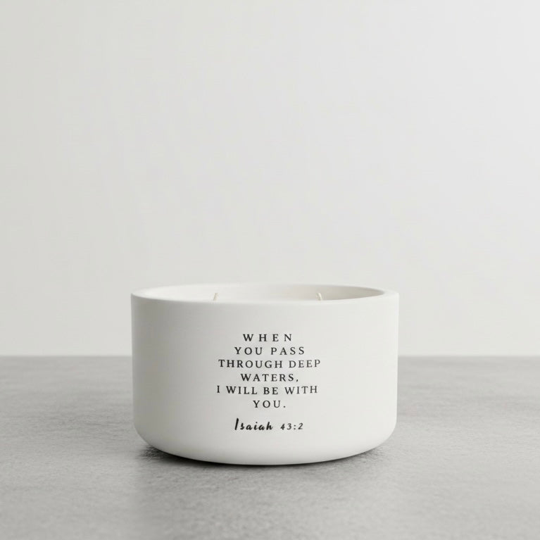 Isaiah 43:2 Christian candle in handcrafted white concrete vessel. Soy wax faith candle with Bible verse, inspirational Christian gift, religious home decor and encouragement gift for women.