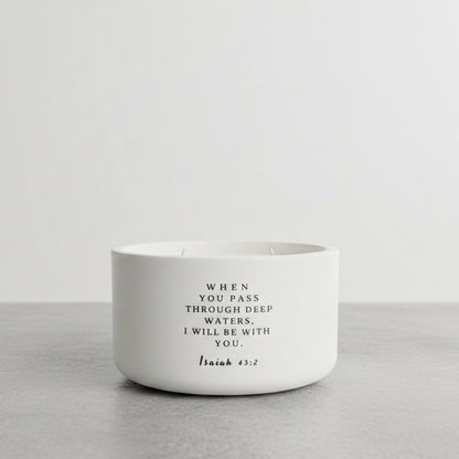 Isaiah 43:2 Christian candle in handcrafted white concrete vessel. Soy wax faith candle with Bible verse, inspirational Christian gift, religious home decor and encouragement gift for women.