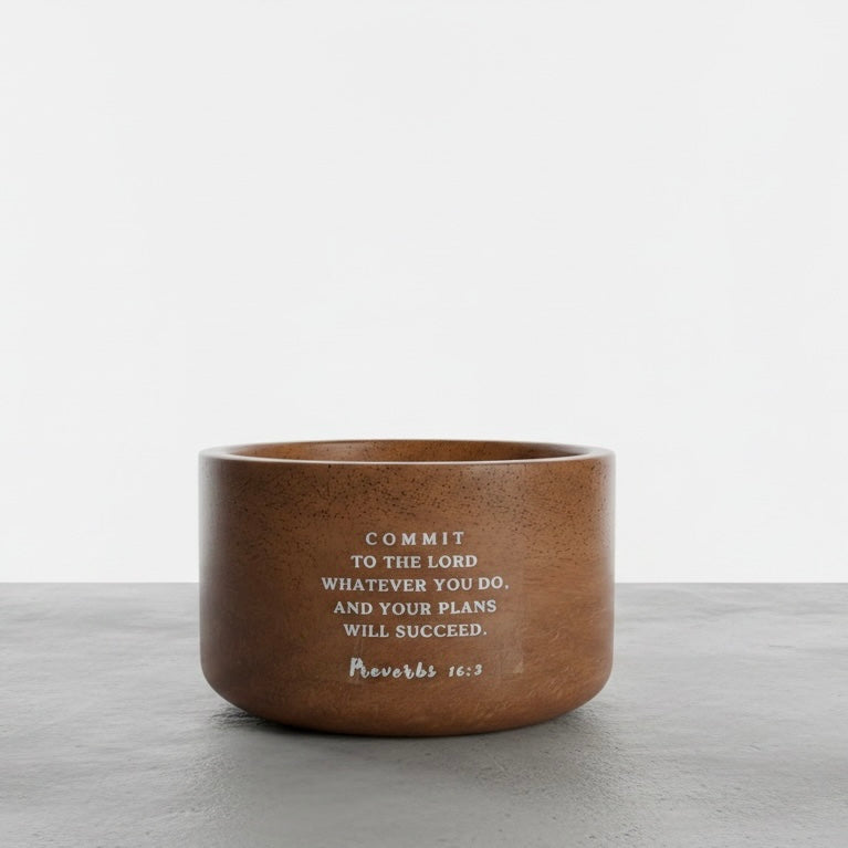 Coconut Sunset Colada Scripture Candle featuring Proverbs 16:3, handcrafted soy wax candle in a concrete vessel with tropical piña colada and toasted coconut fragrance.