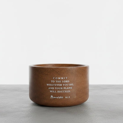 Coconut Sunset Colada Scripture Candle featuring Proverbs 16:3, handcrafted soy wax candle in a concrete vessel with tropical piña colada and toasted coconut fragrance.