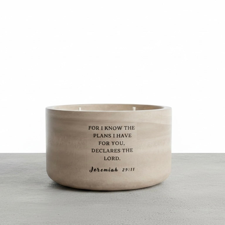 Christian soy wax candle featuring Jeremiah 29:11 Bible verse in a handcrafted concrete vessel, faith-inspired home decor and meaningful Christian gift.
