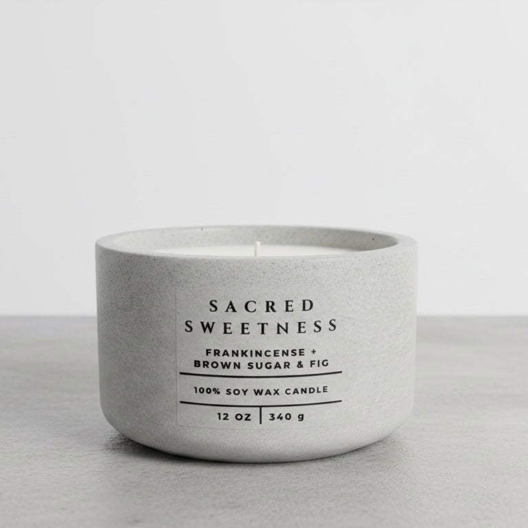Sacred Sweetness luxury Christian soy wax candle with frankincense, brown sugar, and fig fragrance, handcrafted in a concrete vessel. Faith-inspired gift by Boswellia Candle Co.